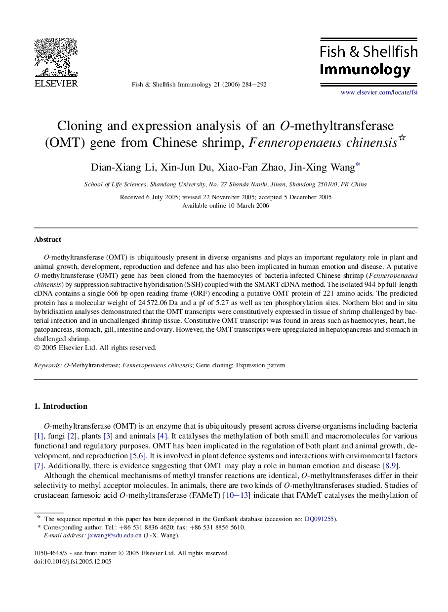 Cloning and expression analysis of an o-methyltransferase (OMT) gene from Chinese shrimp, Fenneropenaeus chinensis 