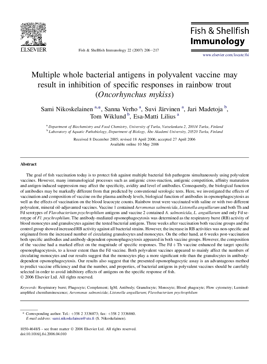 Multiple whole bacterial antigens in polyvalent vaccine may result in inhibition of specific responses in rainbow trout (Oncorhynchus mykiss)