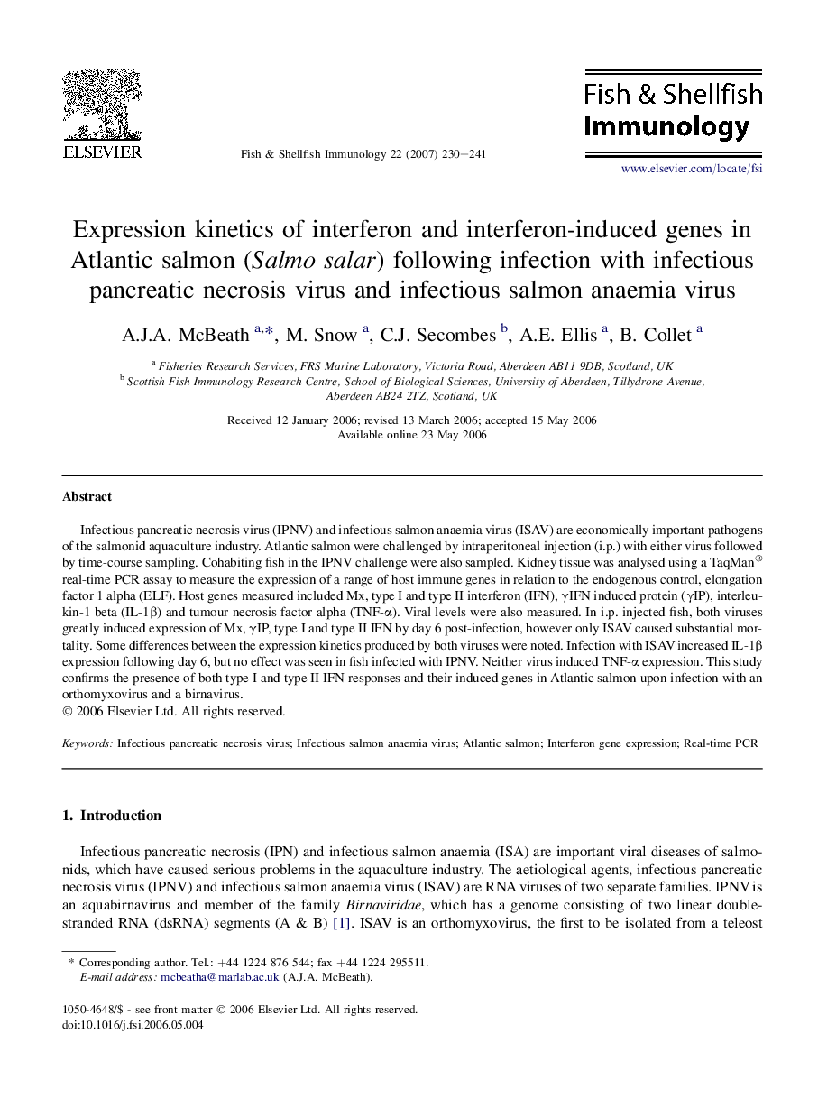 Expression kinetics of interferon and interferon-induced genes in Atlantic salmon (Salmo salar) following infection with infectious pancreatic necrosis virus and infectious salmon anaemia virus