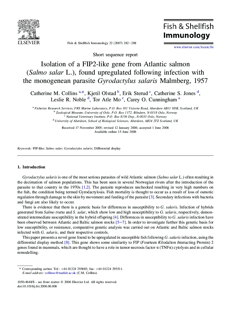 Isolation of a FIP2-like gene from Atlantic salmon (Salmo salar L.), found upregulated following infection with the monogenean parasite Gyrodactylus salaris Malmberg, 1957