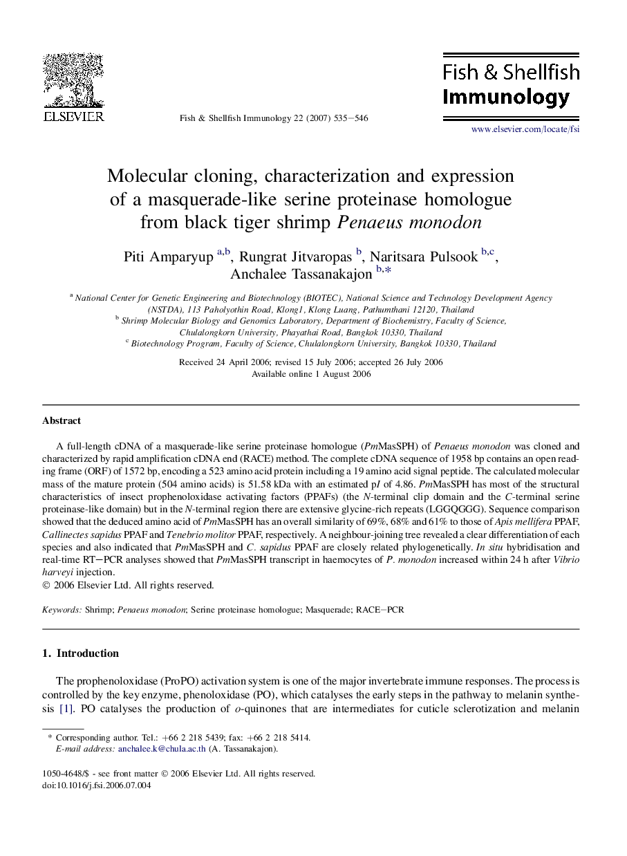 Molecular cloning, characterization and expression of a masquerade-like serine proteinase homologue from black tiger shrimp Penaeus monodon