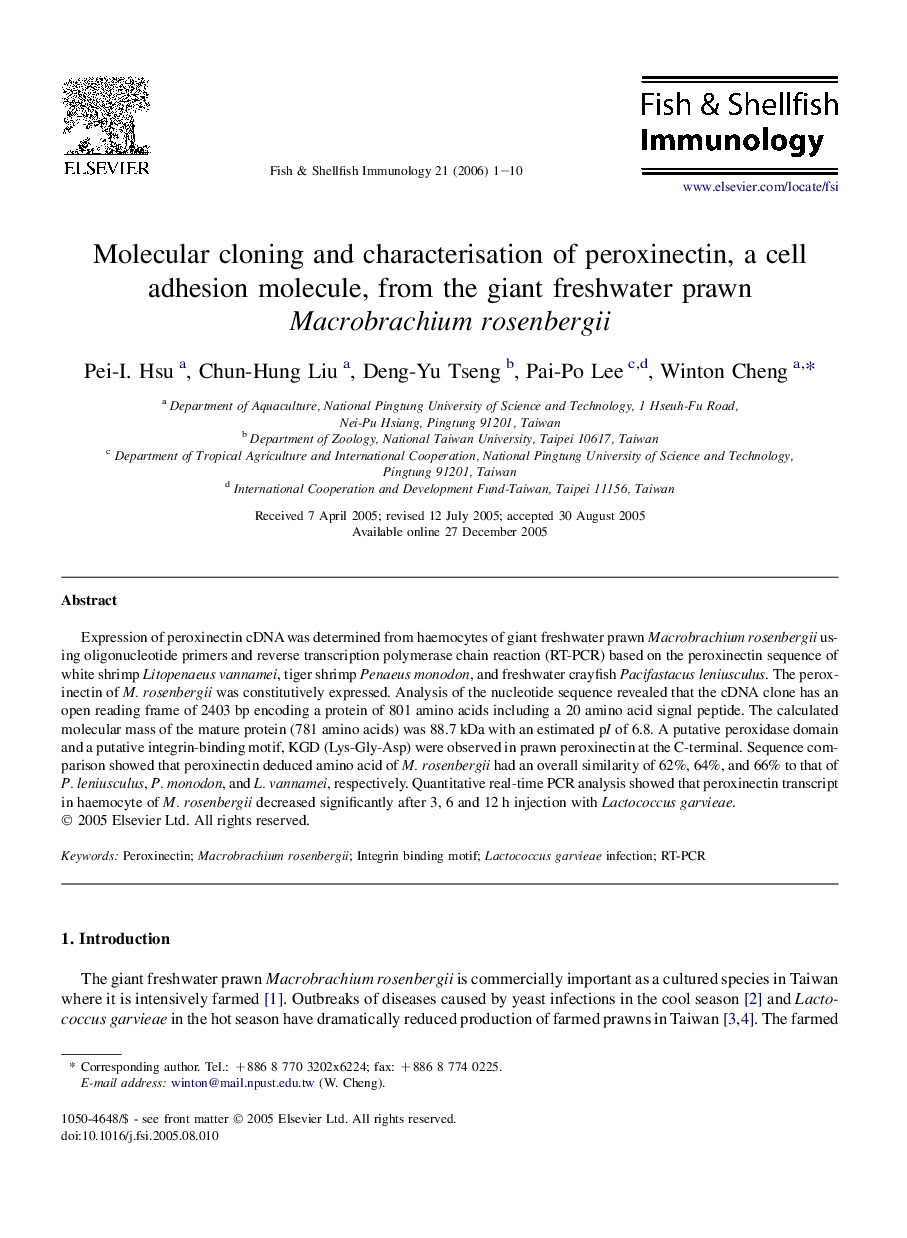 Molecular cloning and characterisation of peroxinectin, a cell adhesion molecule, from the giant freshwater prawn Macrobrachium rosenbergii