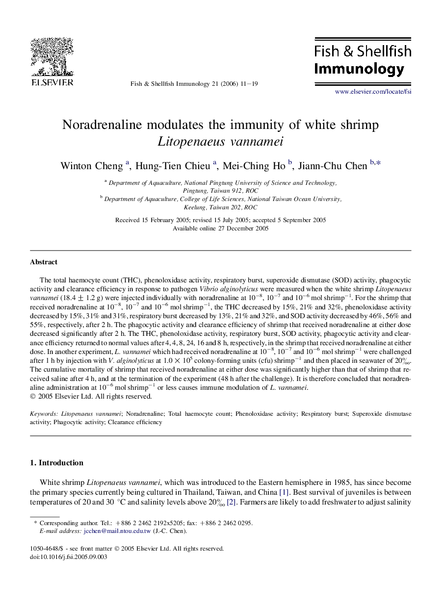 Noradrenaline modulates the immunity of white shrimp Litopenaeus vannamei