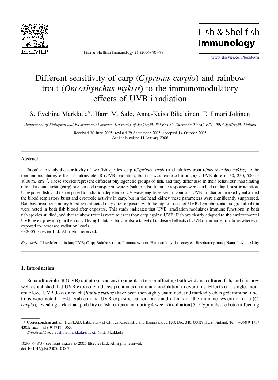 Different sensitivity of carp (Cyprinus carpio) and rainbow trout (Oncorhynchus mykiss) to the immunomodulatory effects of UVB irradiation