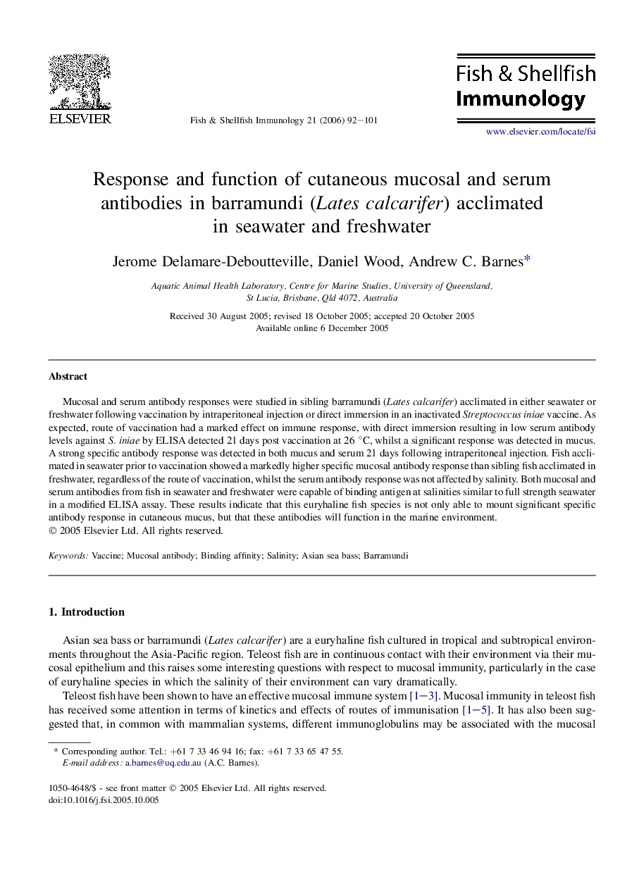 Response and function of cutaneous mucosal and serum antibodies in barramundi (Lates calcarifer) acclimated in seawater and freshwater