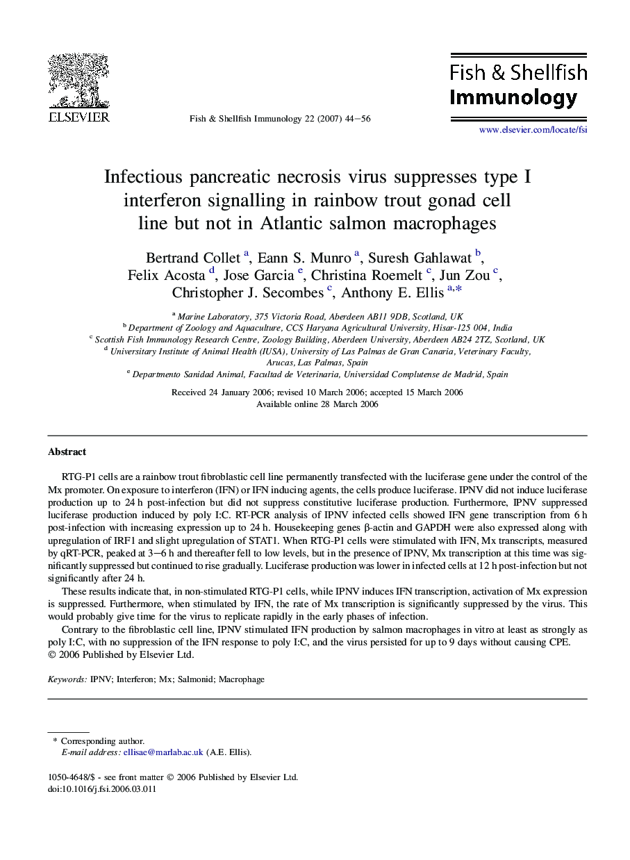 Infectious pancreatic necrosis virus suppresses type I interferon signalling in rainbow trout gonad cell line but not in Atlantic salmon macrophages