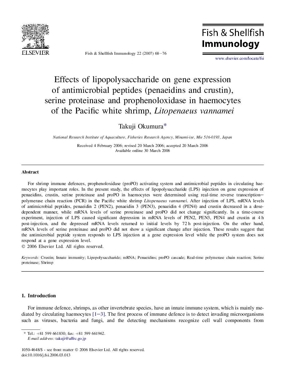 Effects of lipopolysaccharide on gene expression of antimicrobial peptides (penaeidins and crustin), serine proteinase and prophenoloxidase in haemocytes of the Pacific white shrimp, Litopenaeus vannamei