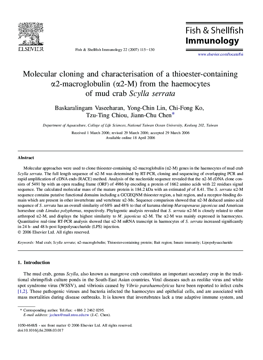 Molecular cloning and characterisation of a thioester-containing α2-macroglobulin (α2-M) from the haemocytes of mud crab Scylla serrata