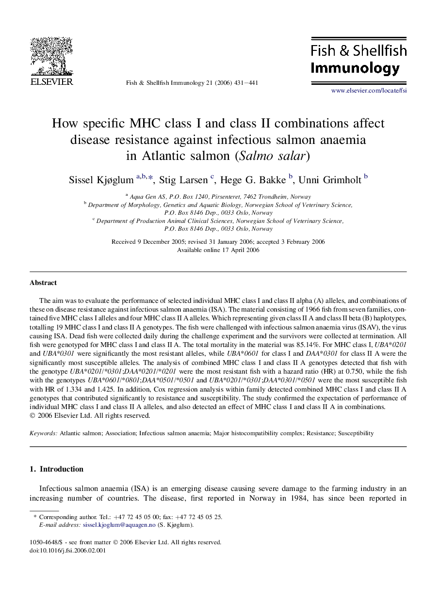 How specific MHC class I and class II combinations affect disease resistance against infectious salmon anaemia in Atlantic salmon (Salmo salar)