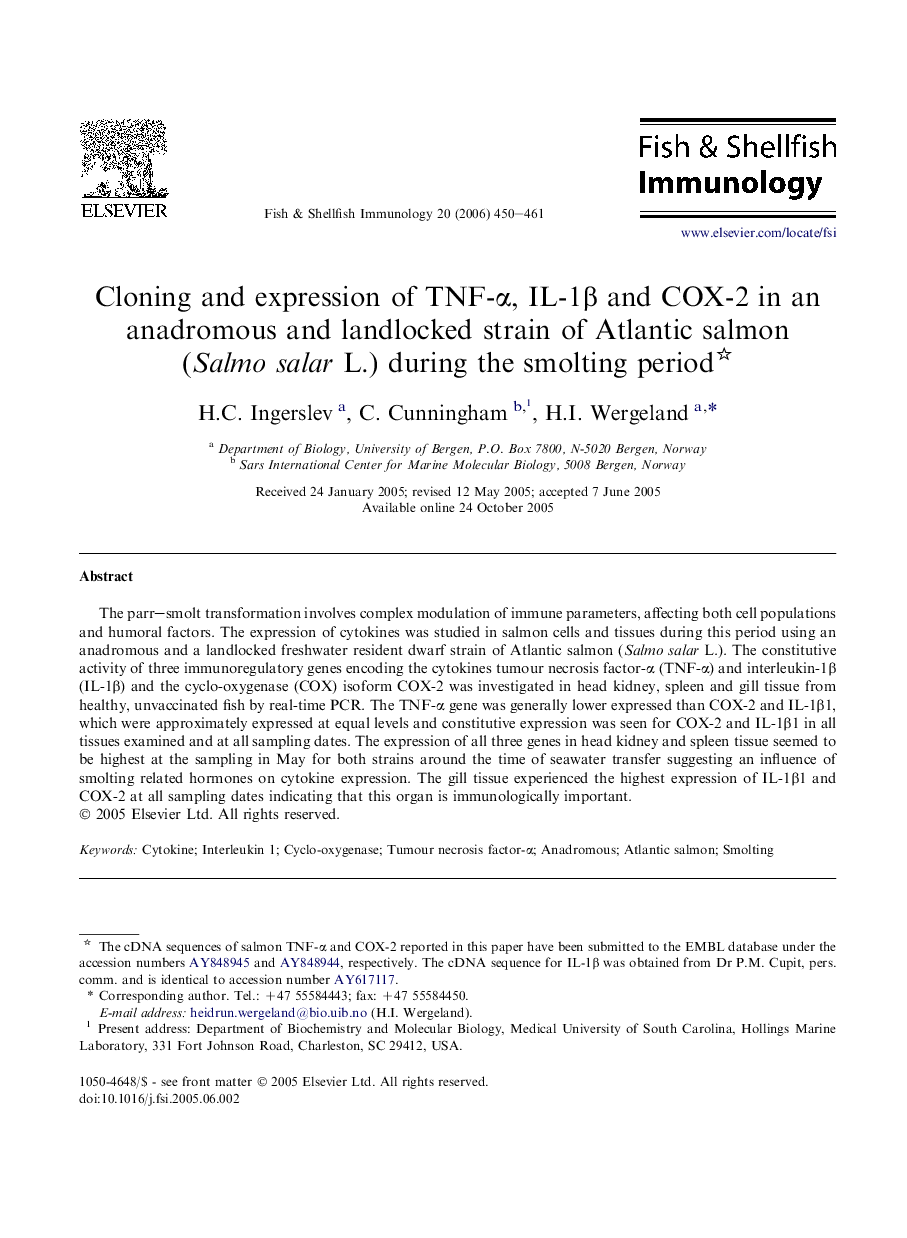 Cloning and expression of TNF-α, IL-1β and COX-2 in an anadromous and landlocked strain of Atlantic salmon (Salmo salar L.) during the smolting period 