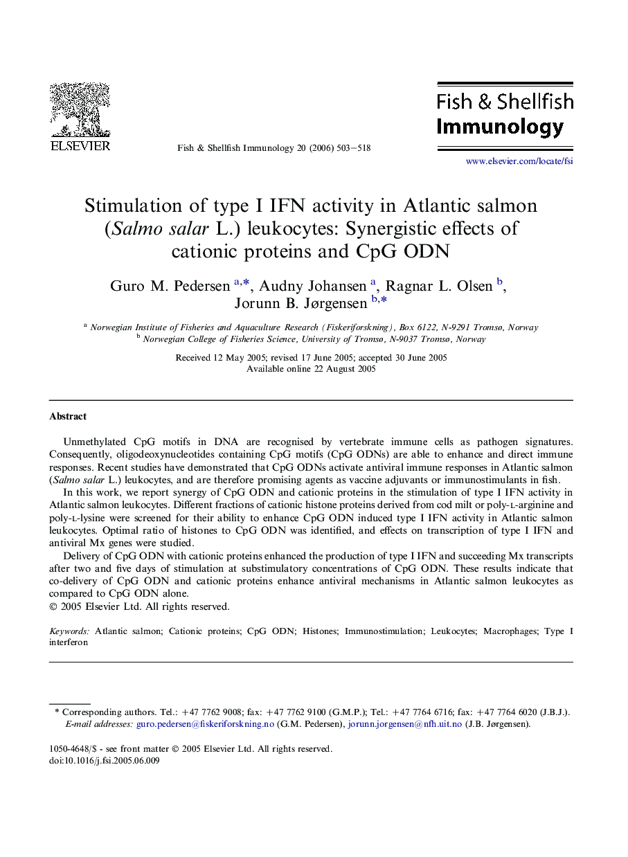 Stimulation of type I IFN activity in Atlantic salmon (Salmo salar L.) leukocytes: Synergistic effects of cationic proteins and CpG ODN
