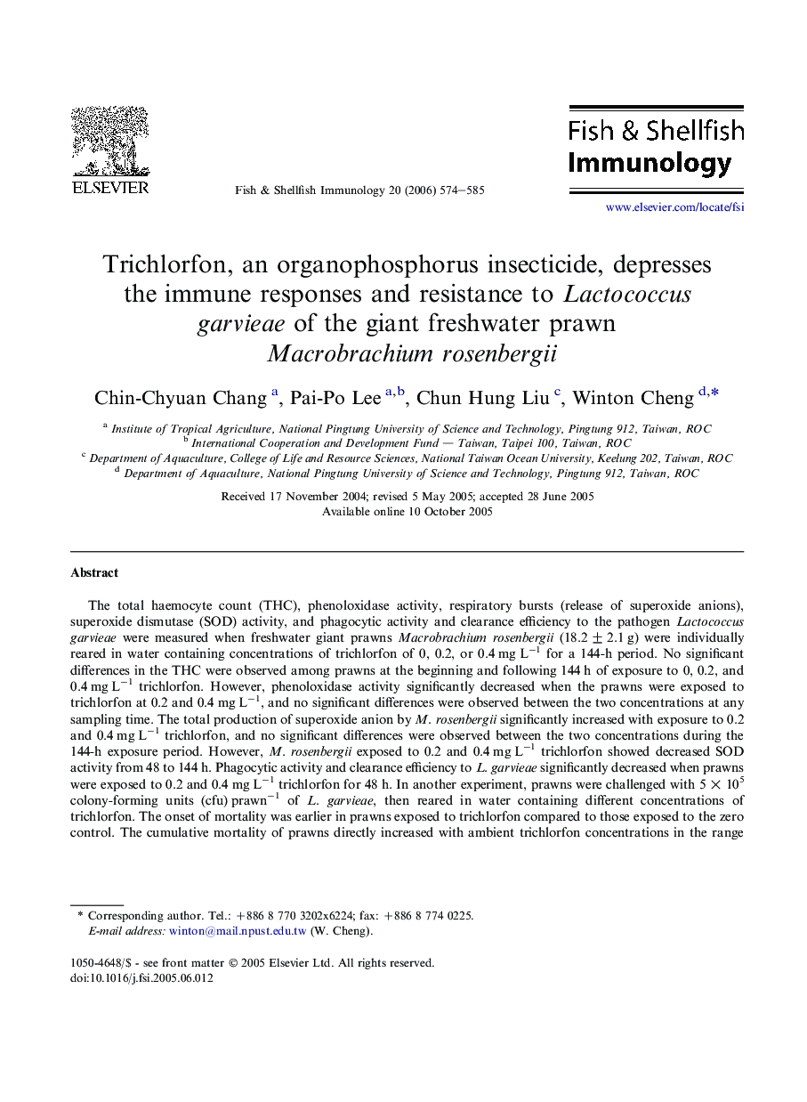 Trichlorfon, an organophosphorus insecticide, depresses the immune responses and resistance to Lactococcus garvieae of the giant freshwater prawn Macrobrachium rosenbergii