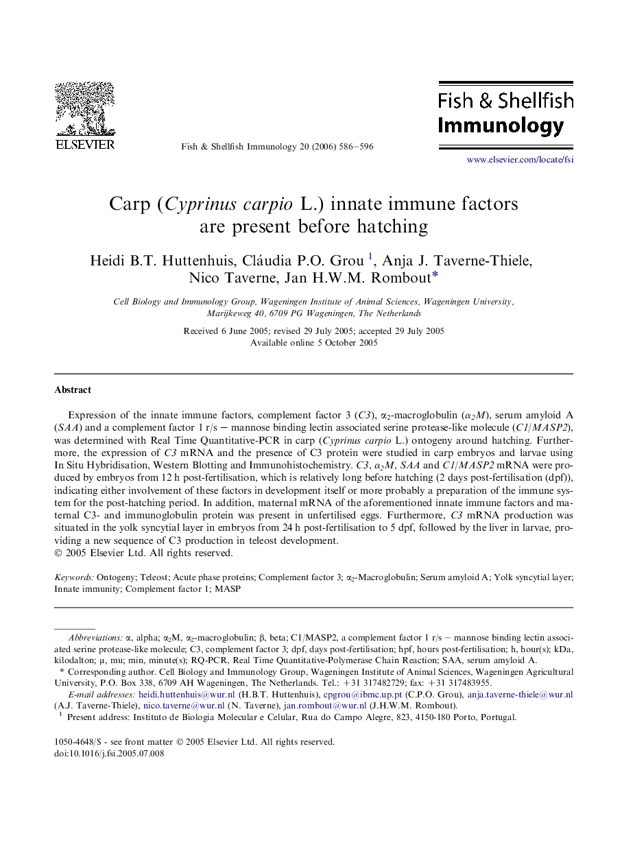 Carp (Cyprinus carpio L.) innate immune factors are present before hatching