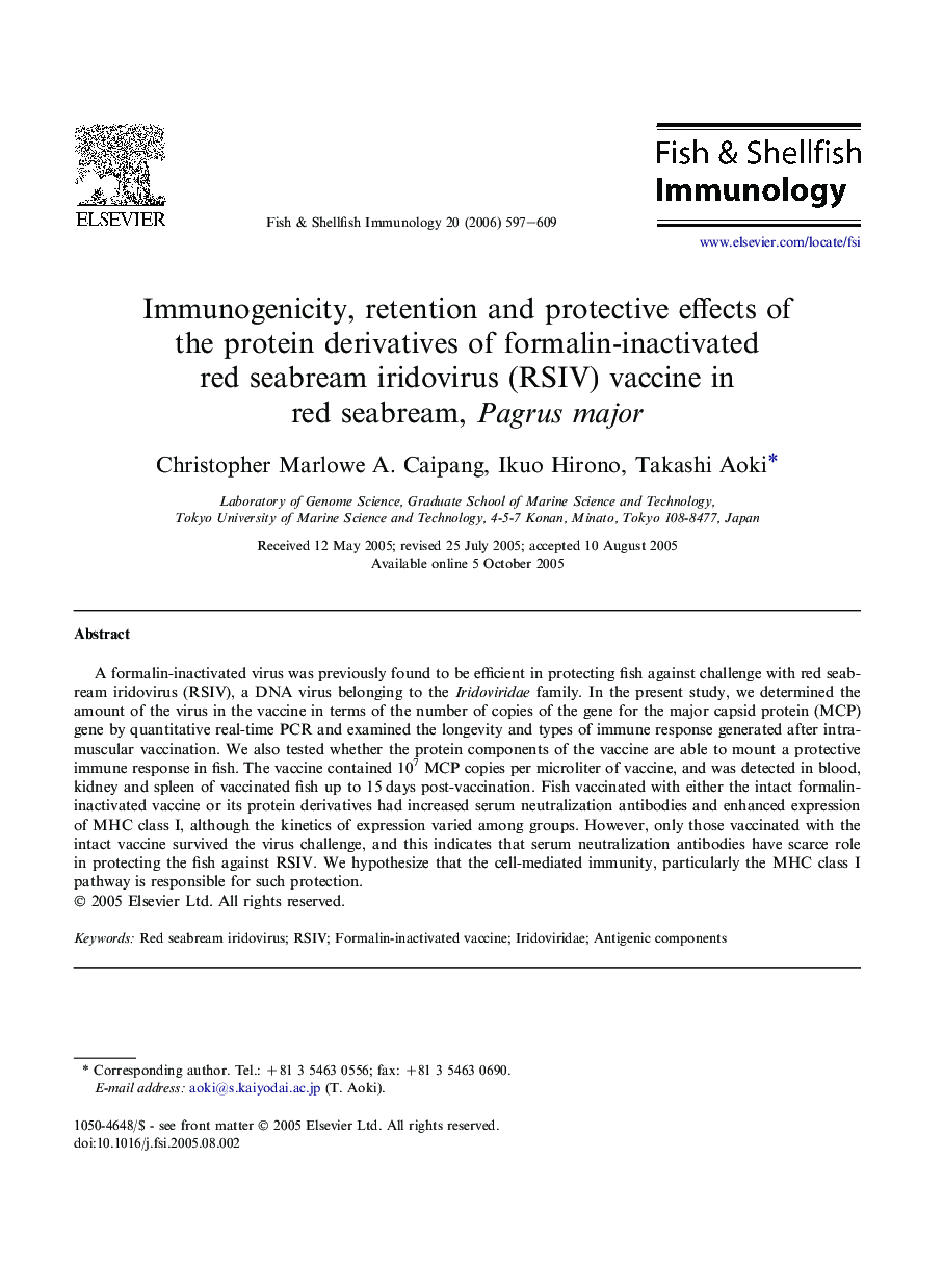 Immunogenicity, retention and protective effects of the protein derivatives of formalin-inactivated red seabream iridovirus (RSIV) vaccine in red seabream, Pagrus major