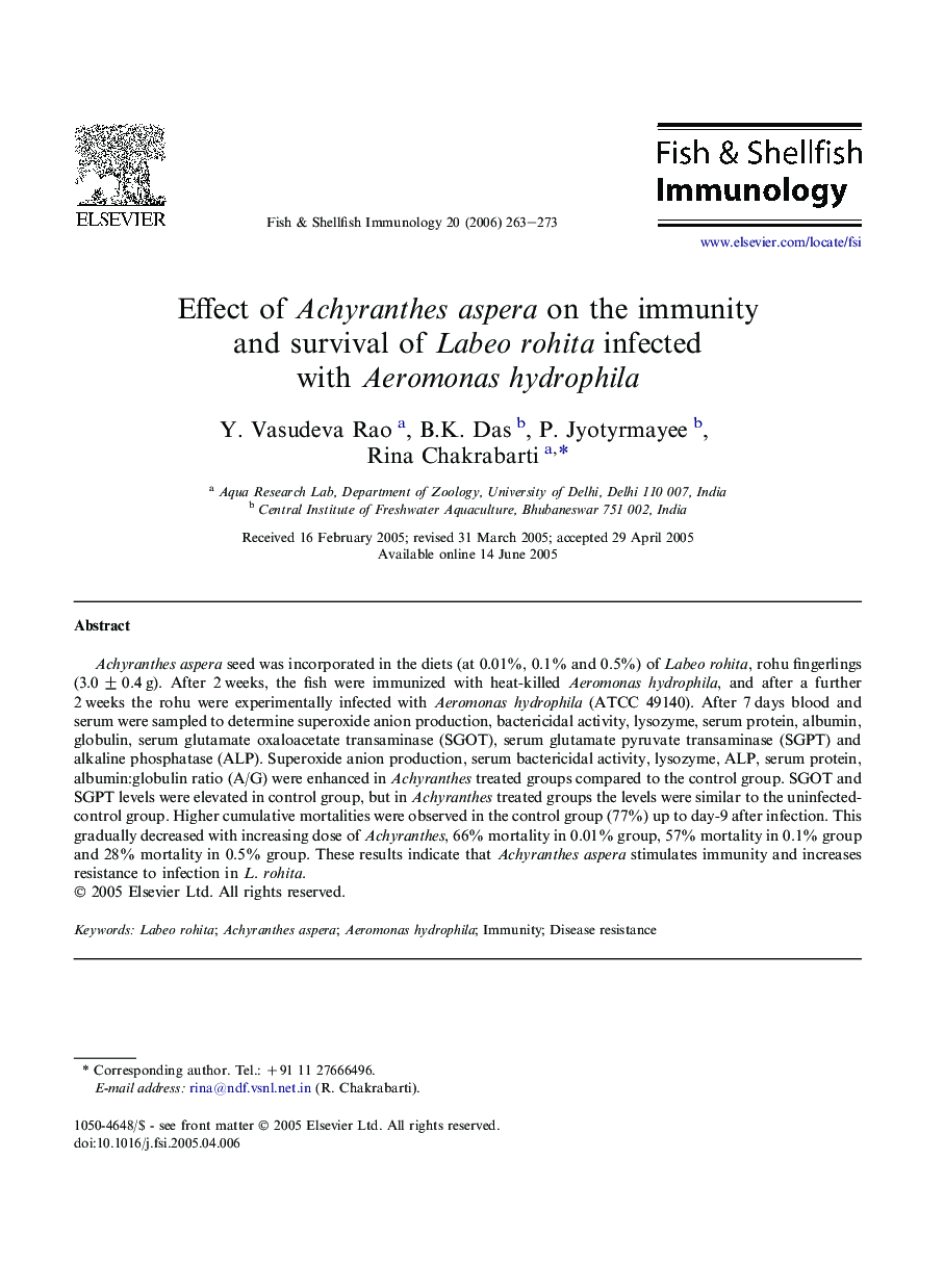 Effect of Achyranthes aspera on the immunity and survival of Labeo rohita infected with Aeromonas hydrophila