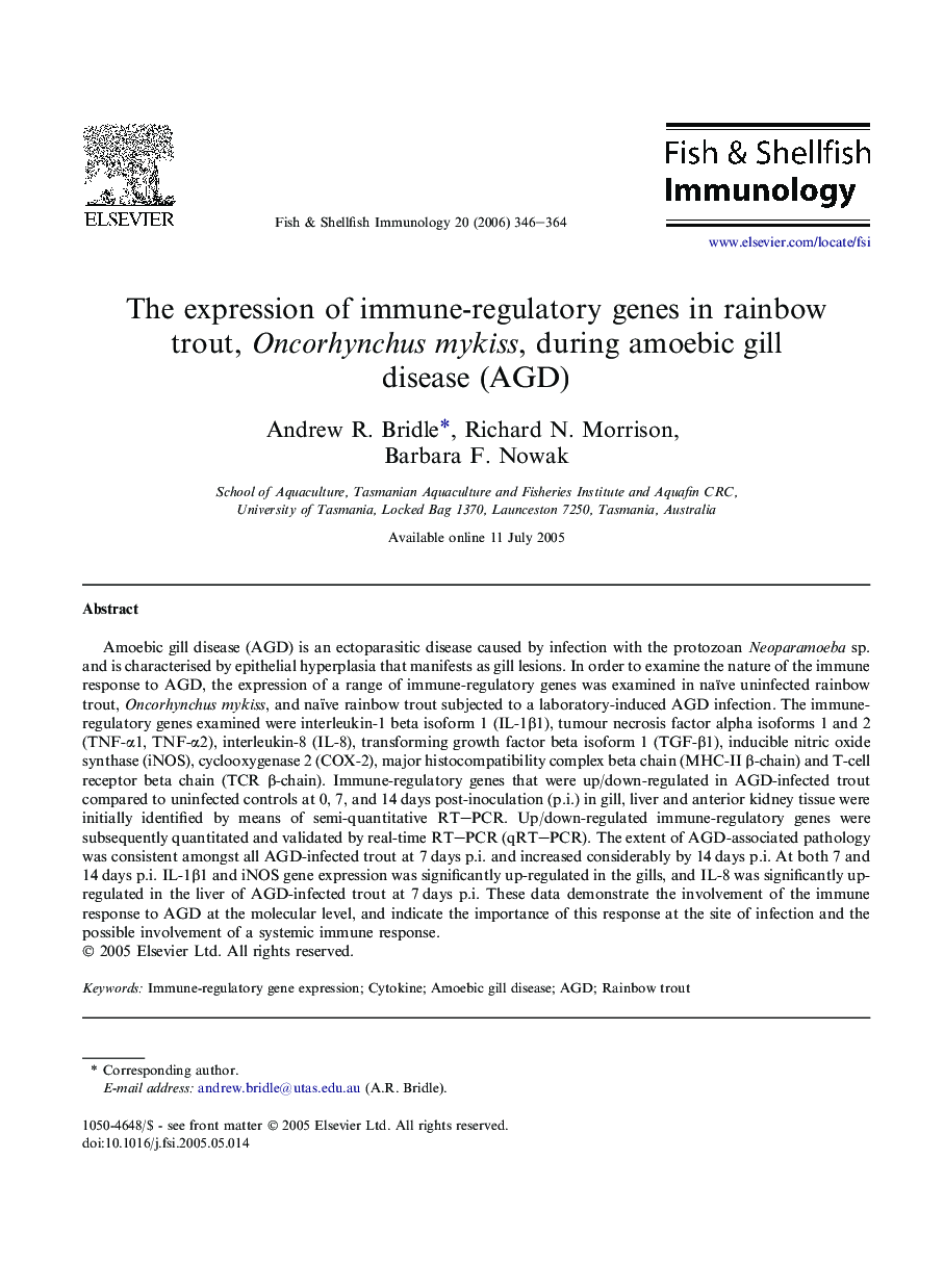 The expression of immune-regulatory genes in rainbow trout, Oncorhynchus mykiss, during amoebic gill disease (AGD)