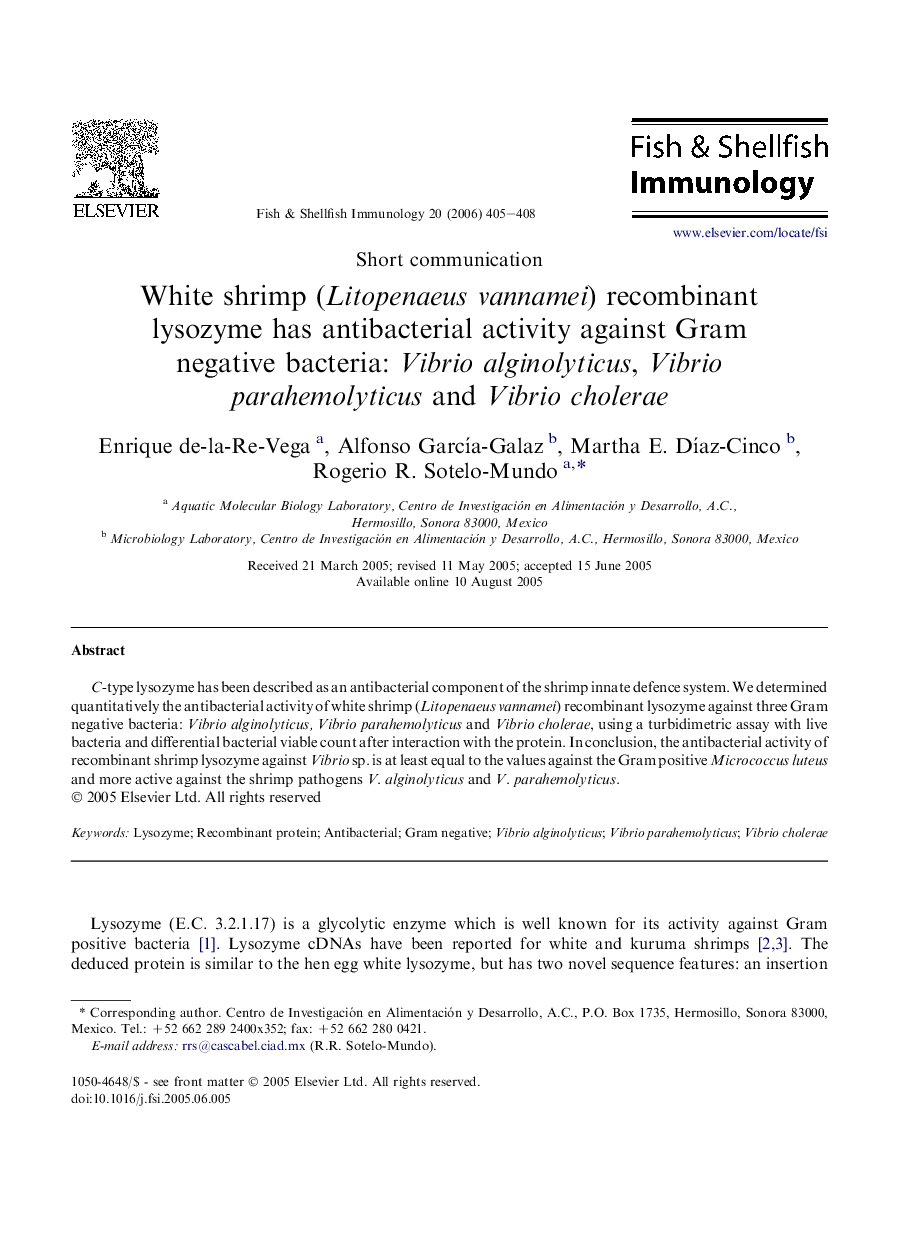 White shrimp (Litopenaeus vannamei) recombinant lysozyme has antibacterial activity against Gram negative bacteria: Vibrio alginolyticus, Vibrio parahemolyticus and Vibrio cholerae