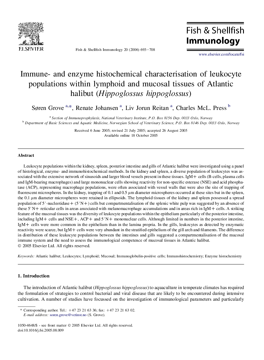 Immune- and enzyme histochemical characterisation of leukocyte populations within lymphoid and mucosal tissues of Atlantic halibut (Hippoglossus hippoglossus)