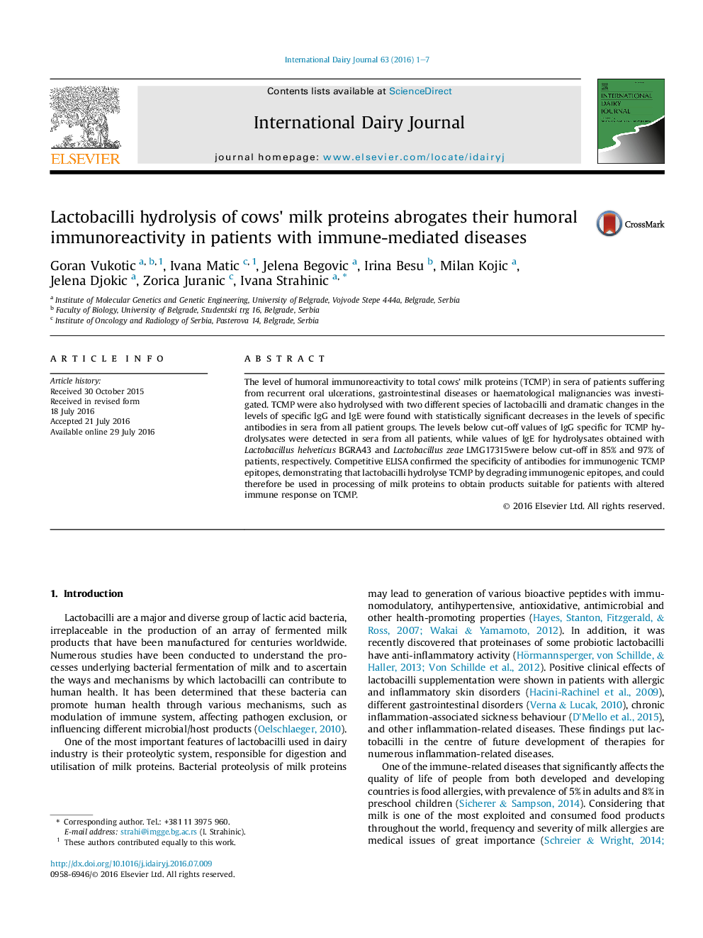 عکس صفحه اول مقاله: Lactobacilli hydrolysis of cows' milk proteins abrogates their humoral immunoreactivity in patients with immune-mediated diseases Lactobacilli hydrolysis of cows' milk proteins abrogates their humoral immunoreactivity in patients with immune-mediated diseases