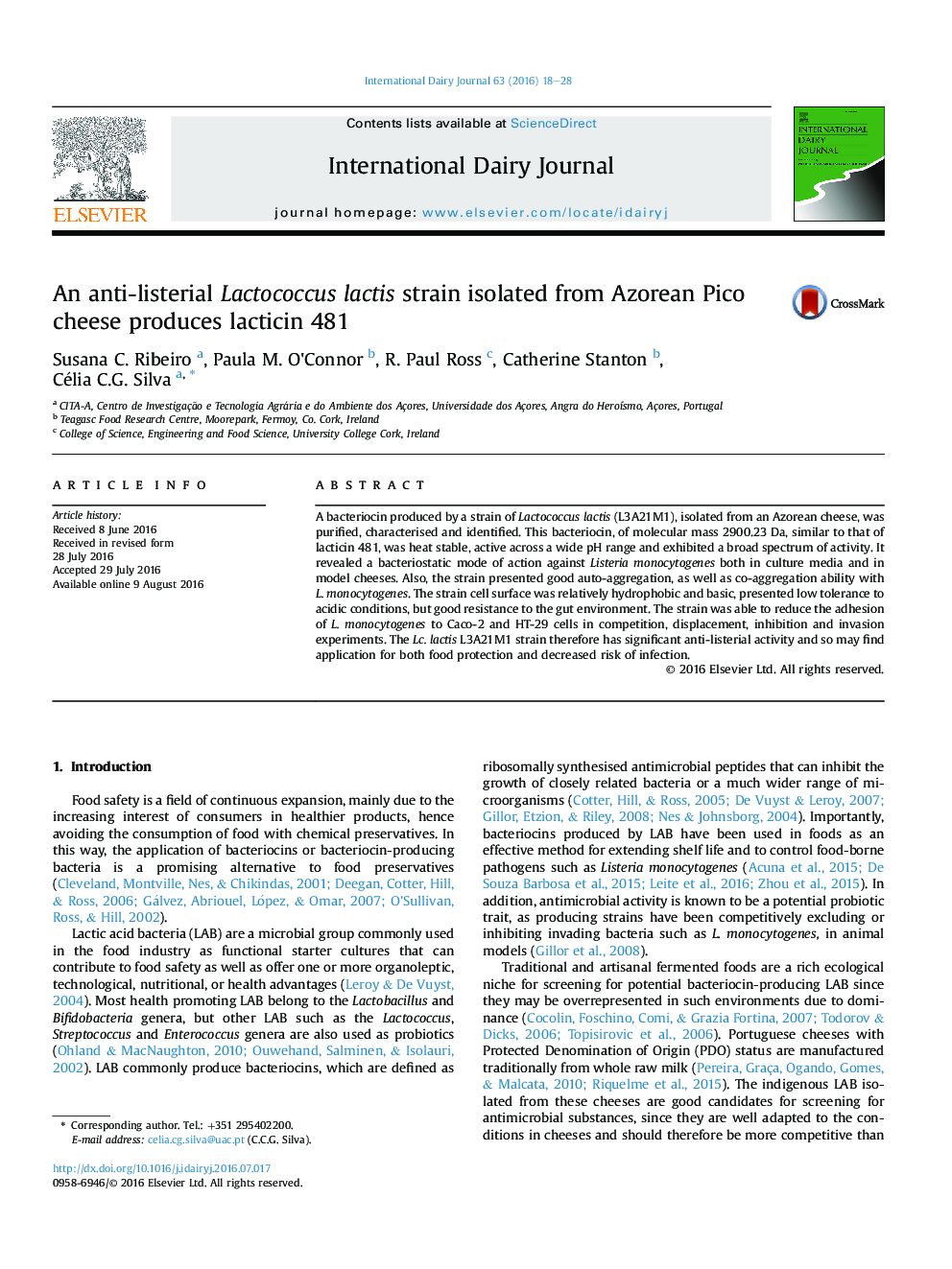 عکس صفحه اول مقاله: An anti-listerial Lactococcus lactis strain isolated from Azorean Pico cheese produces lacticin 481 An anti-listerial Lactococcus lactis strain isolated from Azorean Pico cheese produces lacticin 481