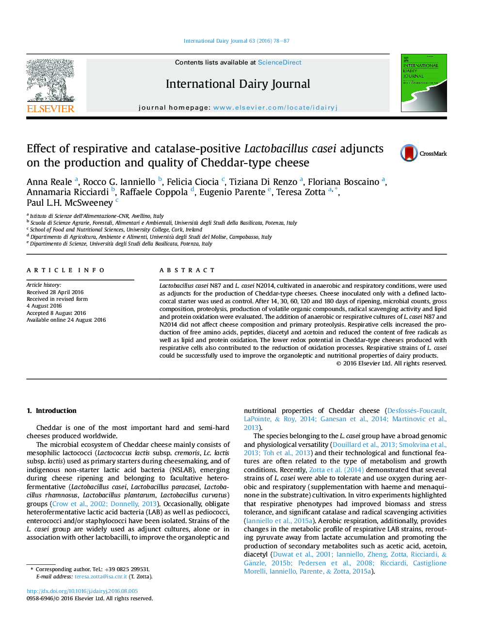 عکس صفحه اول مقاله: Effect of respirative and catalase-positive Lactobacillus casei adjuncts on the production and quality of Cheddar-type cheese Effect of respirative and catalase-positive Lactobacillus casei adjuncts on the production and quality of Cheddar-type cheese