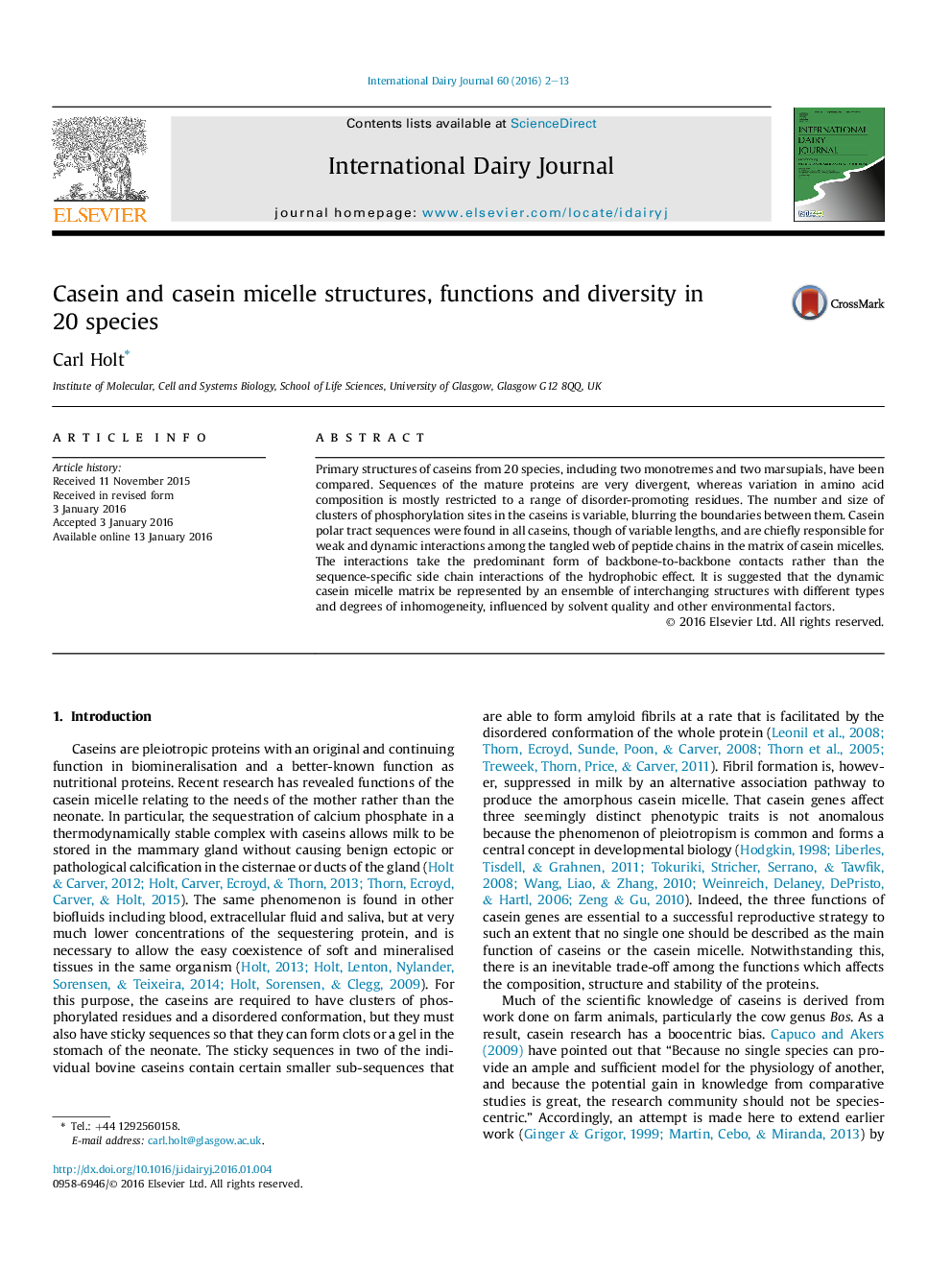 عکس صفحه اول مقاله: Casein and casein micelle structures, functions and diversity in 20 species Casein and casein micelle structures, functions and diversity in 20 species