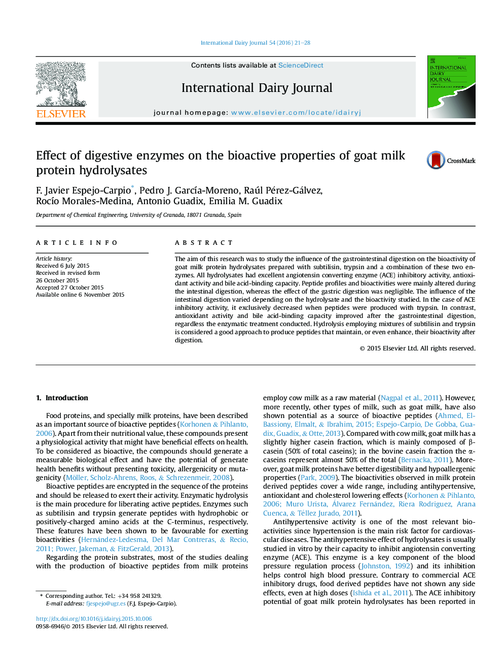 Effect of digestive enzymes on the bioactive properties of goat milk protein hydrolysates