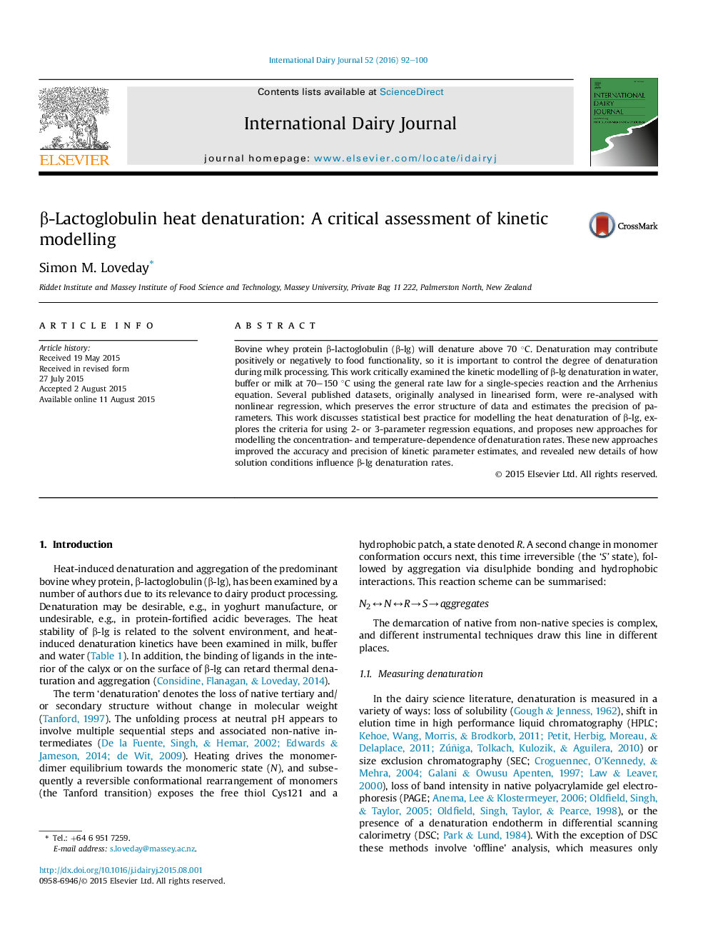 β-Lactoglobulin heat denaturation: A critical assessment of kinetic modelling