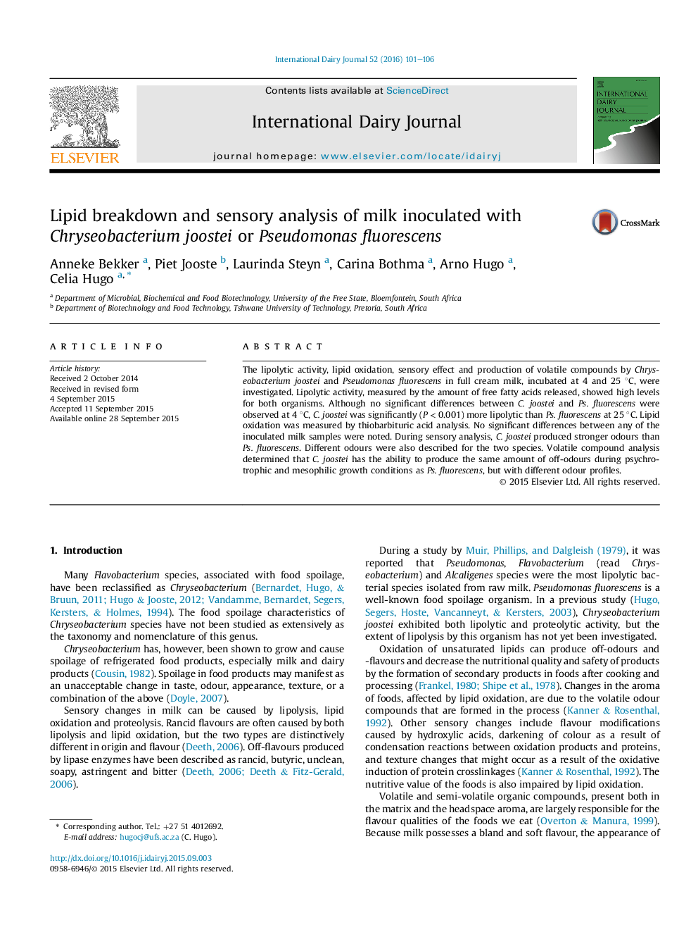 Lipid breakdown and sensory analysis of milk inoculated with Chryseobacterium joostei or Pseudomonas fluorescens