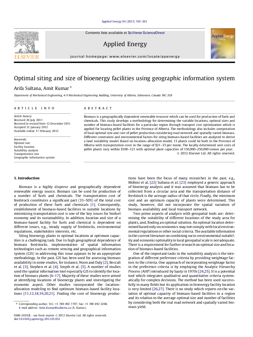 Optimal siting and size of bioenergy facilities using geographic information system