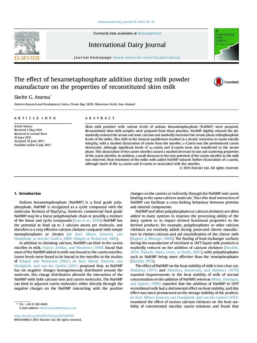 The effect of hexametaphosphate addition during milk powder manufacture on the properties of reconstituted skim milk