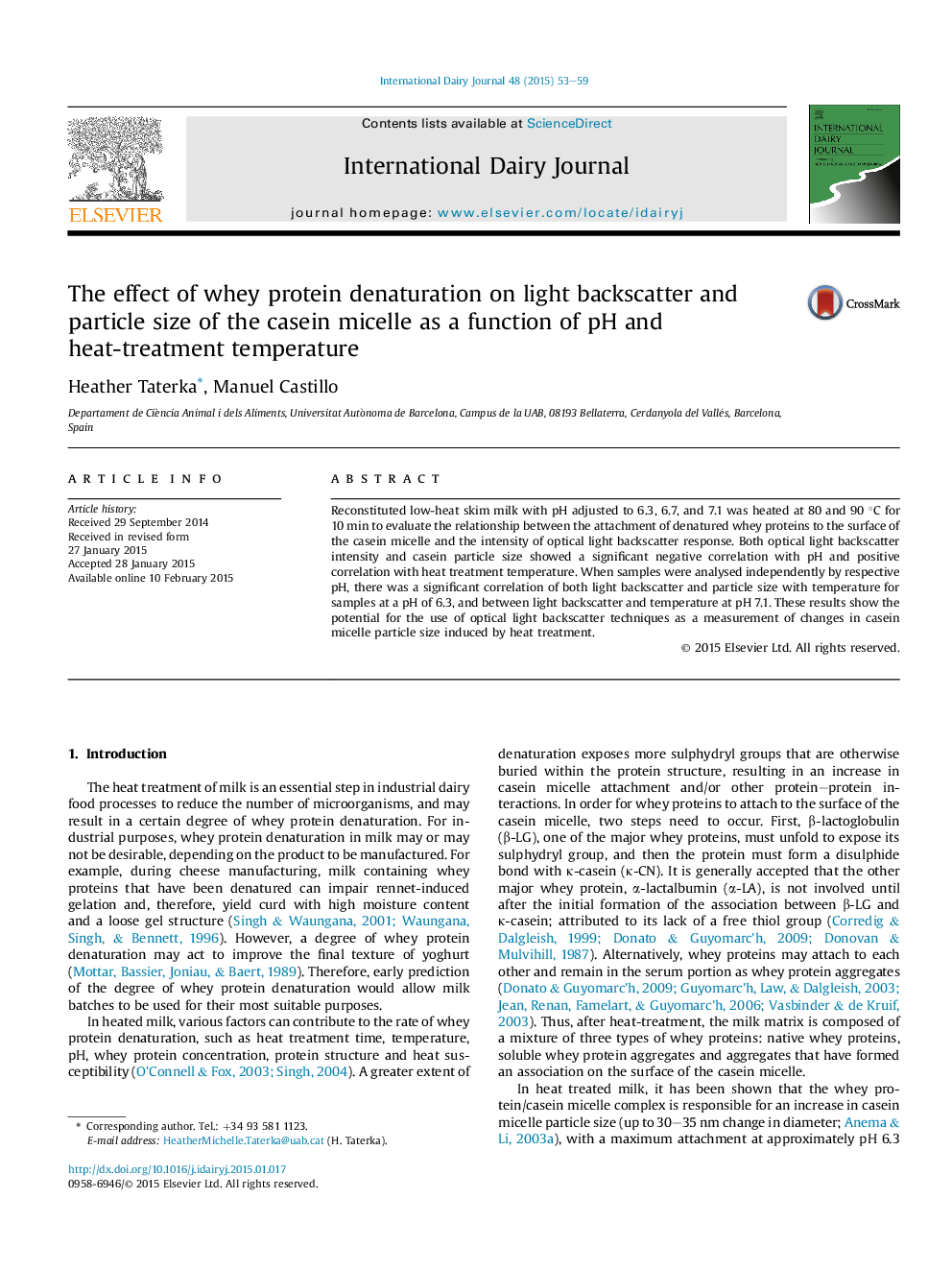 The effect of whey protein denaturation on light backscatter and particle size of the casein micelle as a function of pH and heat-treatment temperature