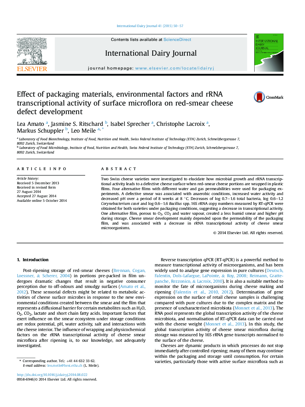 عکس صفحه اول مقاله: Effect of packaging materials, environmental factors and rRNA transcriptional activity of surface microflora on red-smear cheese defect development Effect of packaging materials, environmental factors and rRNA transcriptional activity of surface microflora on red-smear cheese defect development