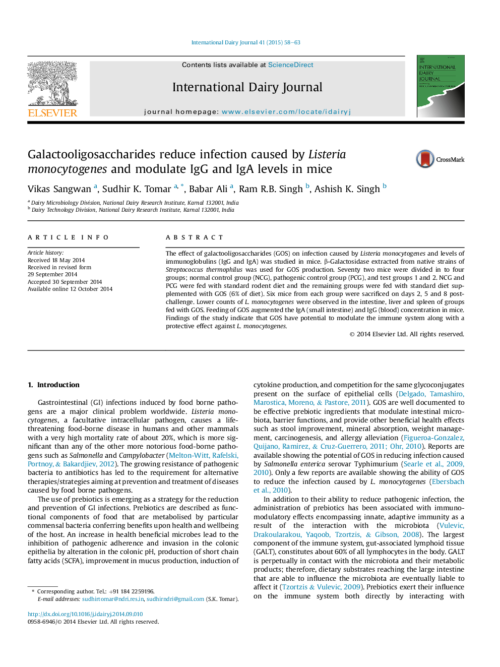 عکس صفحه اول مقاله: Galactooligosaccharides reduce infection caused by Listeria monocytogenes and modulate IgG and IgA levels in mice Galactooligosaccharides reduce infection caused by Listeria monocytogenes and modulate IgG and IgA levels in mice