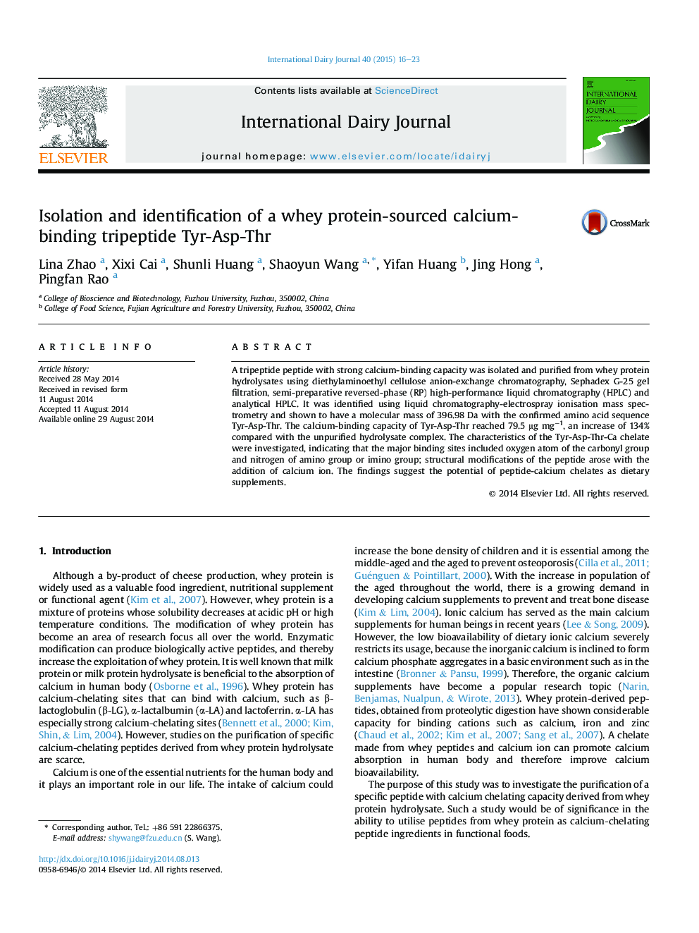 Isolation and identification of a whey protein-sourced calcium-binding tripeptide Tyr-Asp-Thr