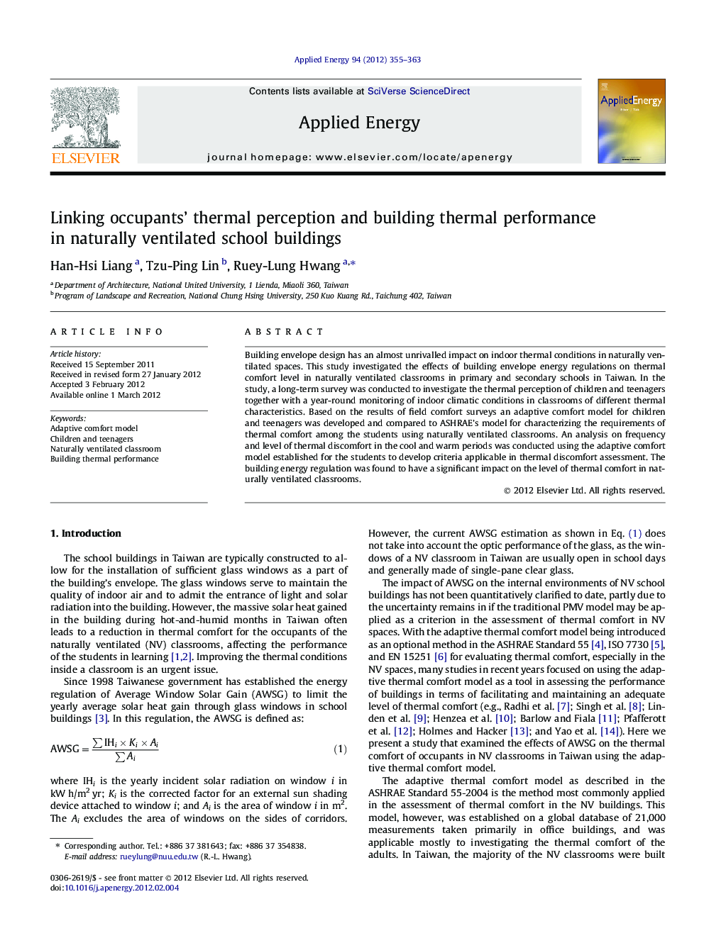 Linking occupants’ thermal perception and building thermal performance in naturally ventilated school buildings