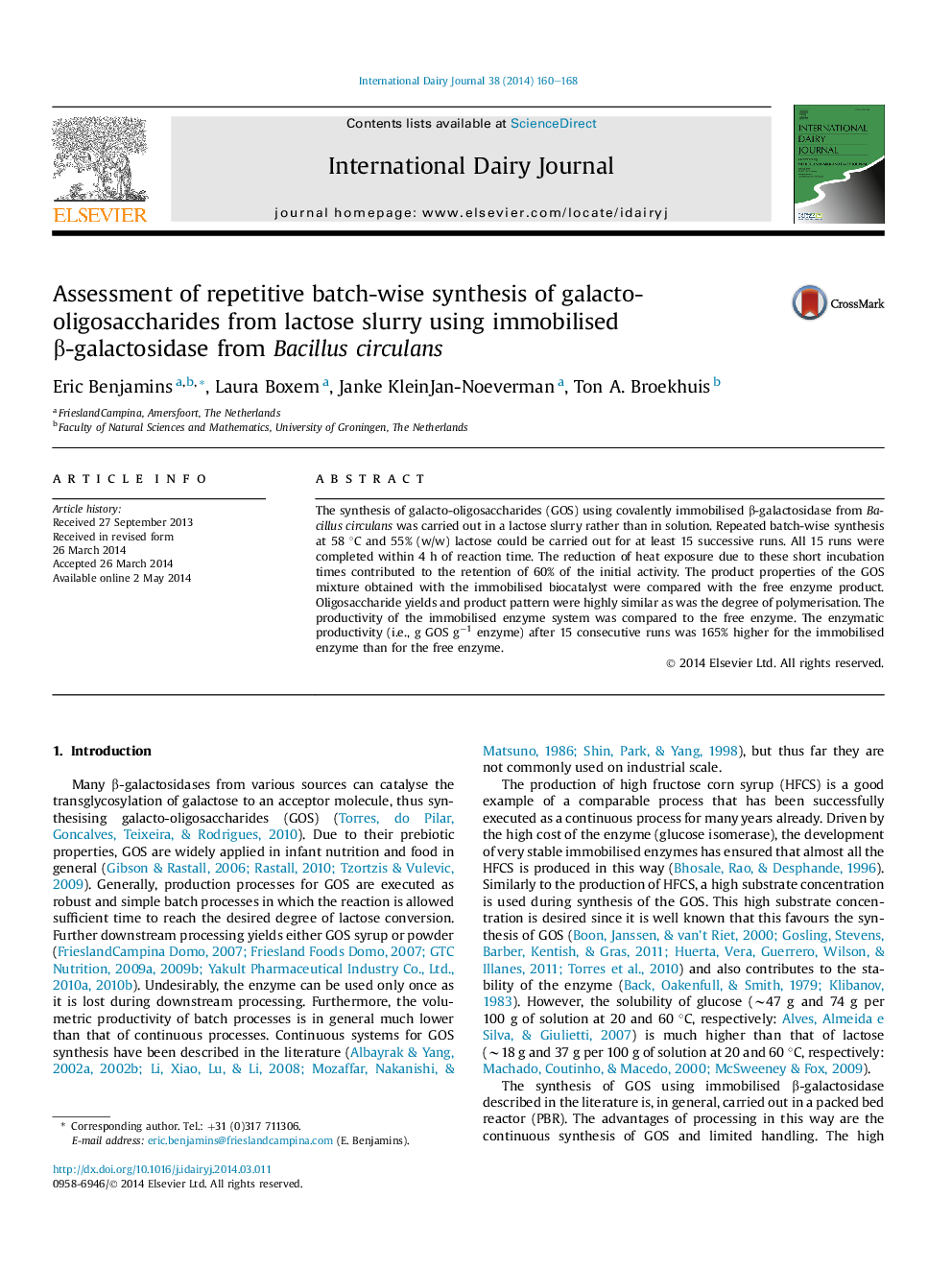 Assessment of repetitive batch-wise synthesis of galacto-oligosaccharides from lactose slurry using immobilised β-galactosidase from Bacillus circulans