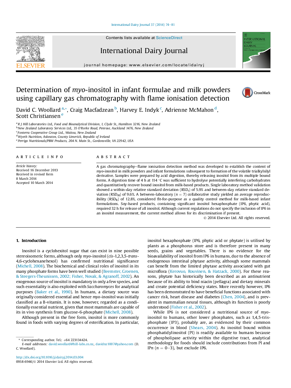 Determination of myo-inositol in infant formulae and milk powders using capillary gas chromatography with flame ionisation detection
