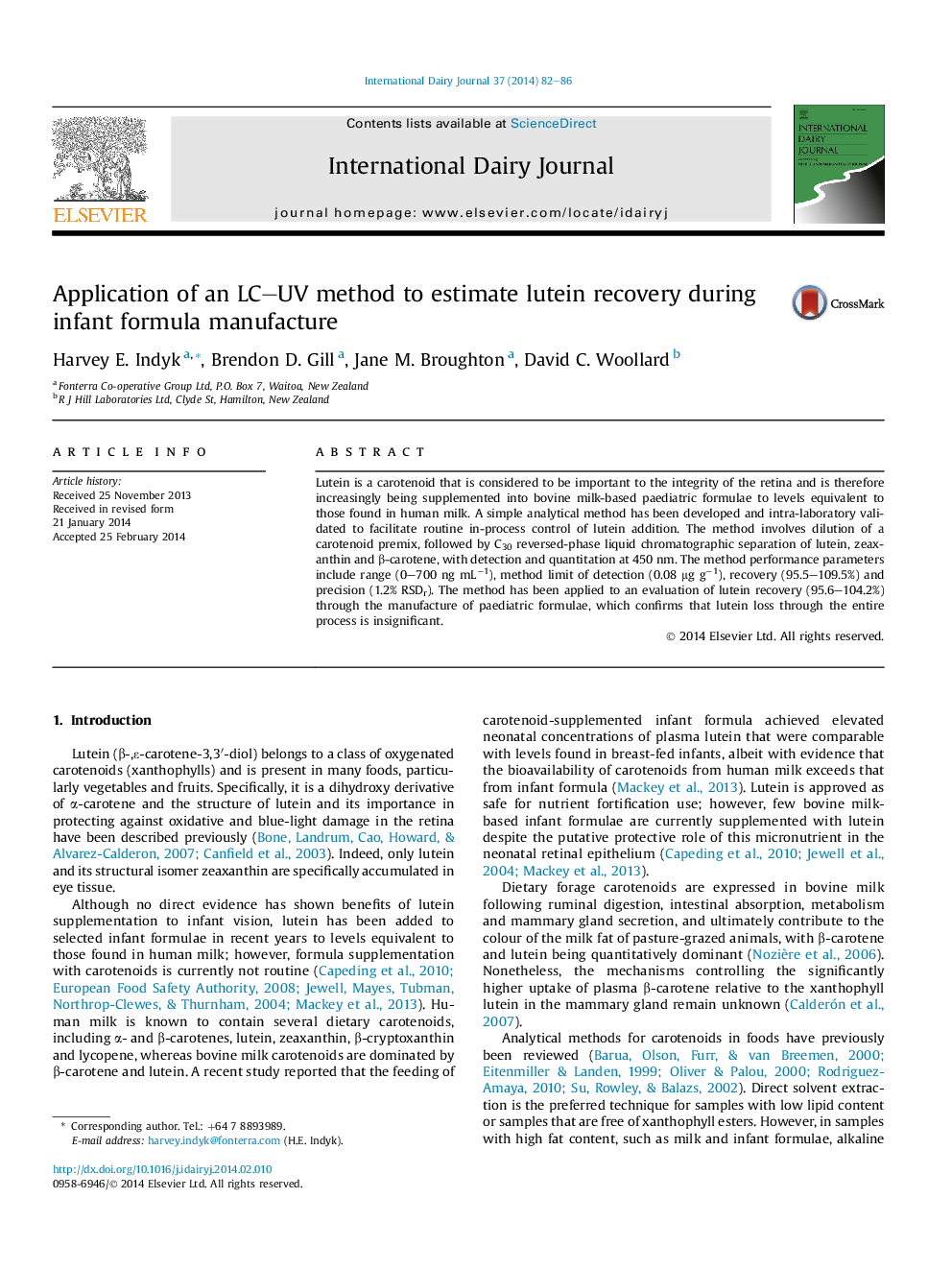 Application of an LC–UV method to estimate lutein recovery during infant formula manufacture