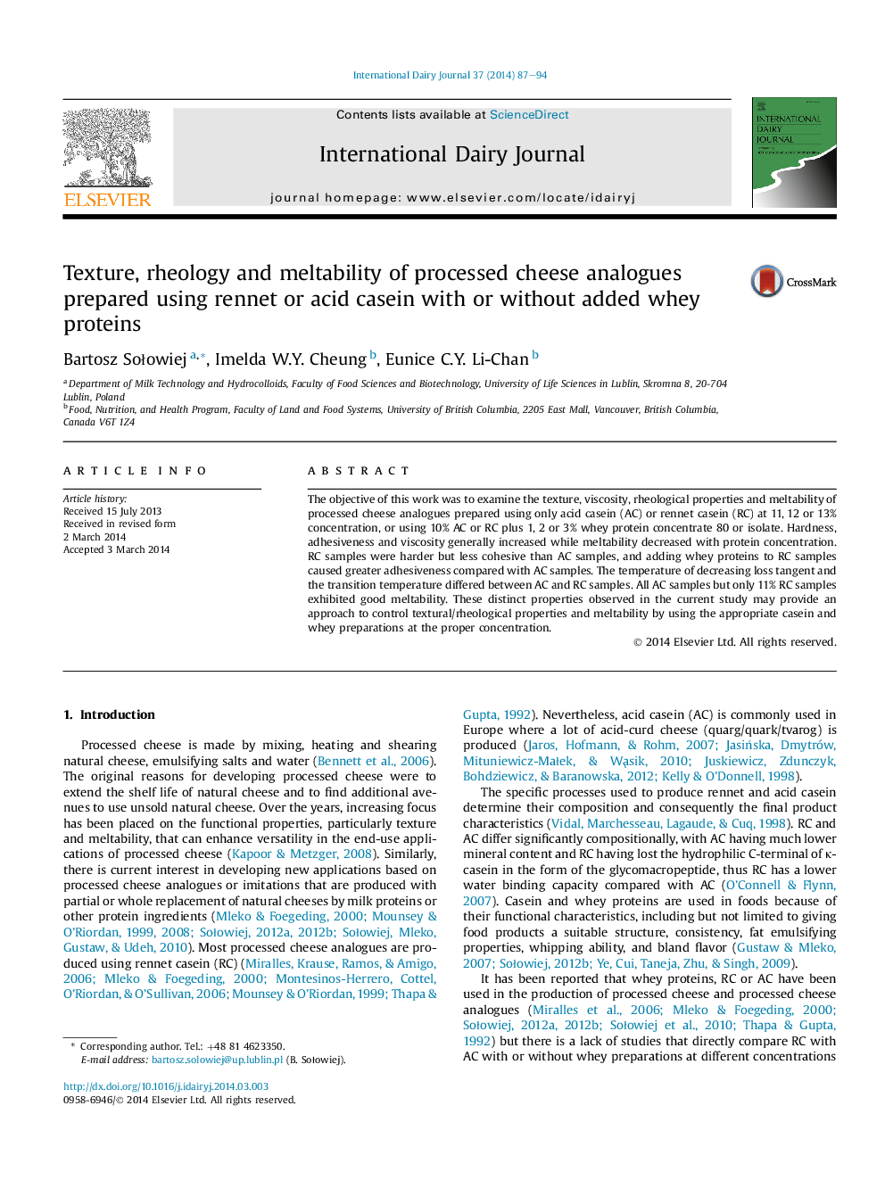 Texture, rheology and meltability of processed cheese analogues prepared using rennet or acid casein with or without added whey proteins