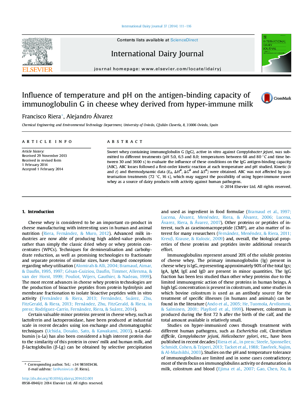Influence of temperature and pH on the antigen-binding capacity of immunoglobulin G in cheese whey derived from hyper-immune milk
