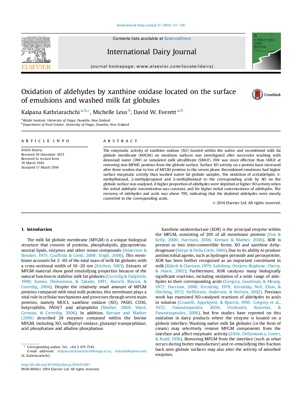 Oxidation of aldehydes by xanthine oxidase located on the surface of emulsions and washed milk fat globules
