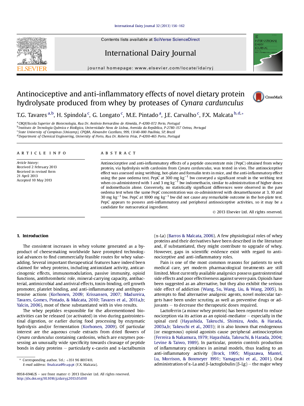 عکس صفحه اول مقاله: Antinociceptive and anti-inflammatory effects of novel dietary protein hydrolysate produced from whey by proteases of Cynara cardunculus Antinociceptive and anti-inflammatory effects of novel dietary protein hydrolysate produced from whey by proteases of Cynara cardunculus