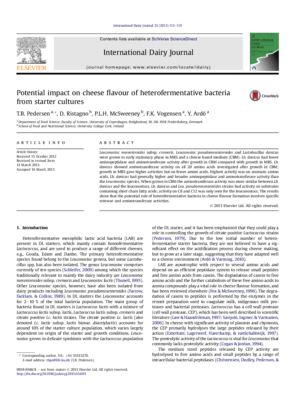 عکس صفحه اول مقاله: Potential impact on cheese flavour of heterofermentative bacteria from starter cultures Potential impact on cheese flavour of heterofermentative bacteria from starter cultures