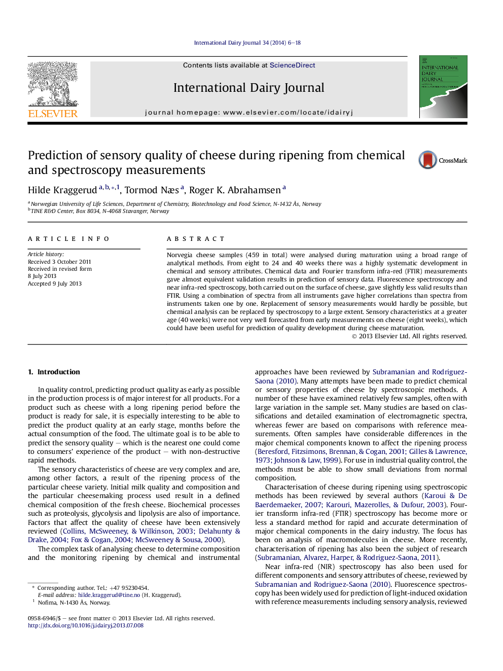 Prediction of sensory quality of cheese during ripening from chemical and spectroscopy measurements