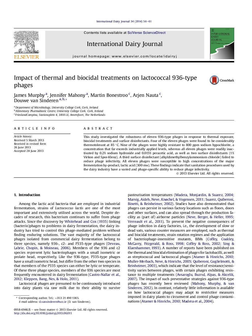 Impact of thermal and biocidal treatments on lactococcal 936-type phages