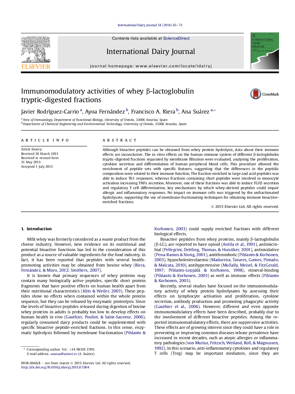 Immunomodulatory activities of whey β-lactoglobulin tryptic-digested fractions