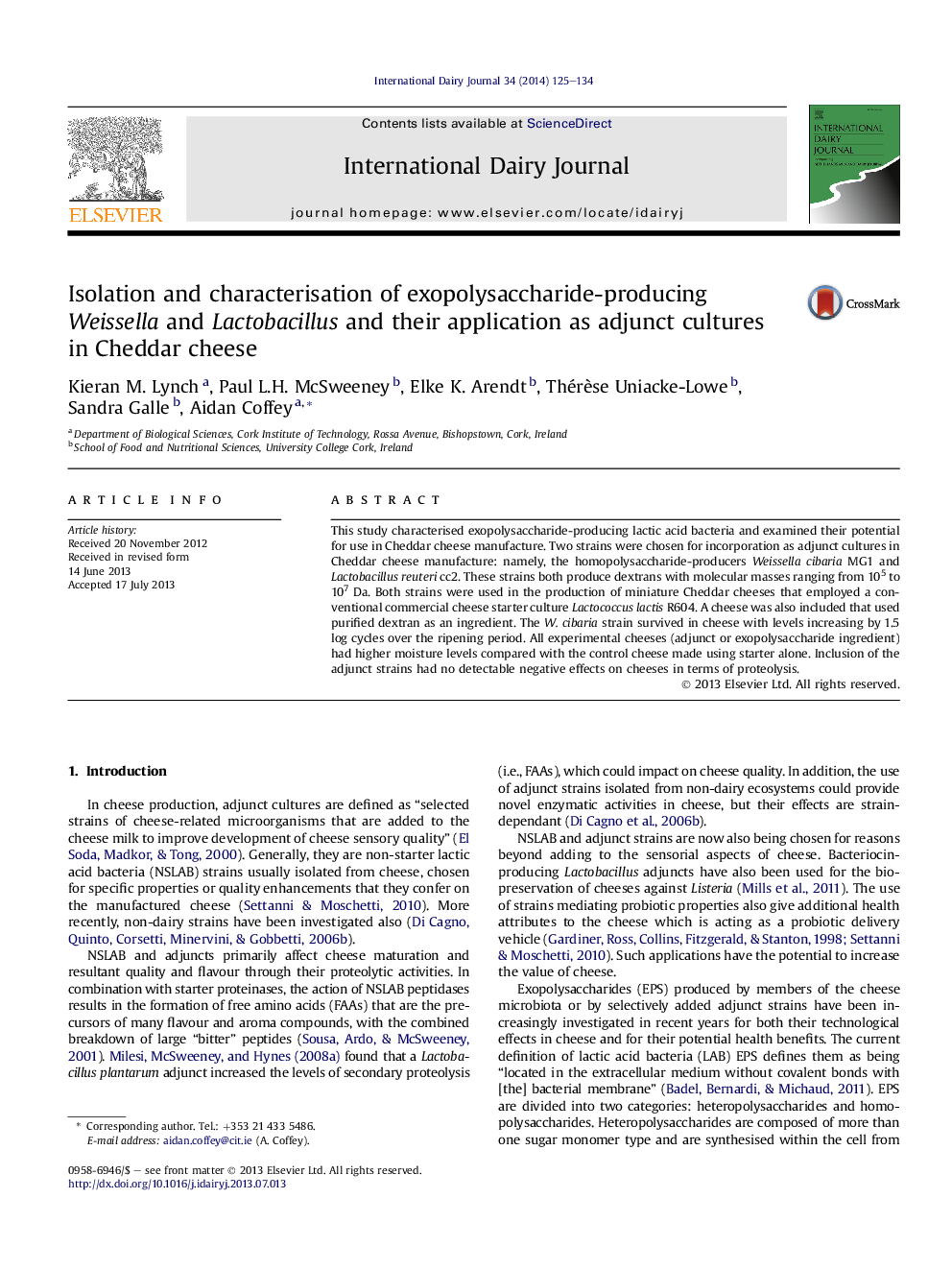 Isolation and characterisation of exopolysaccharide-producing Weissella and Lactobacillus and their application as adjunct cultures in Cheddar cheese