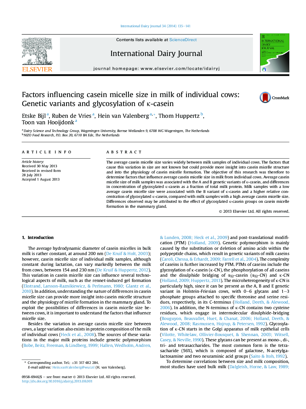 Factors influencing casein micelle size in milk of individual cows: Genetic variants and glycosylation of κ-casein