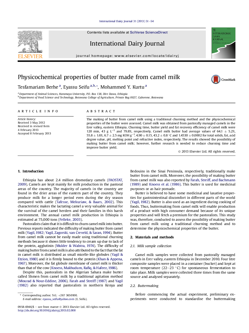 Physicochemical properties of butter made from camel milk
